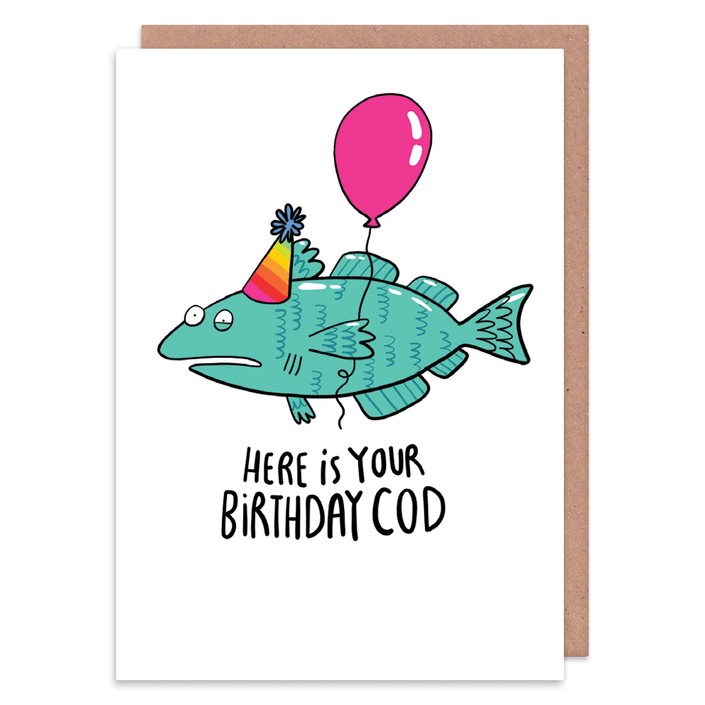 Here Is Your Birthday Cod Birthday Card by Katie Abey - Whale and Bird