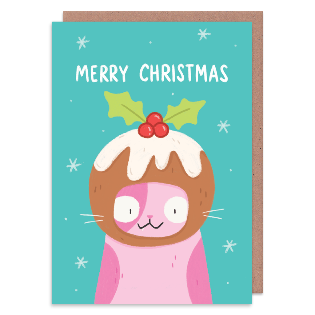 Christmas Pudding Cat Christmas Card by Camille Medina - Whale and Bird