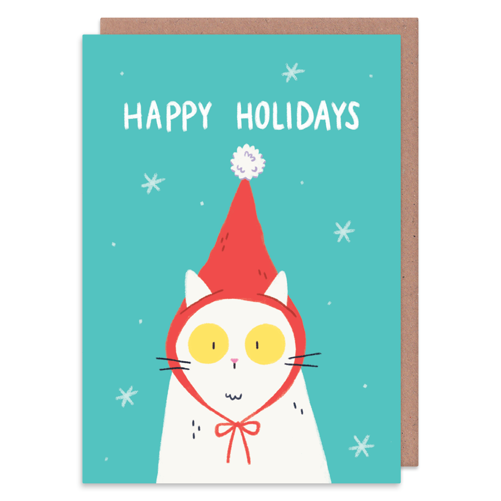 Elf Hat Cat Christmas Card by Camille Medina - Whale and Bird