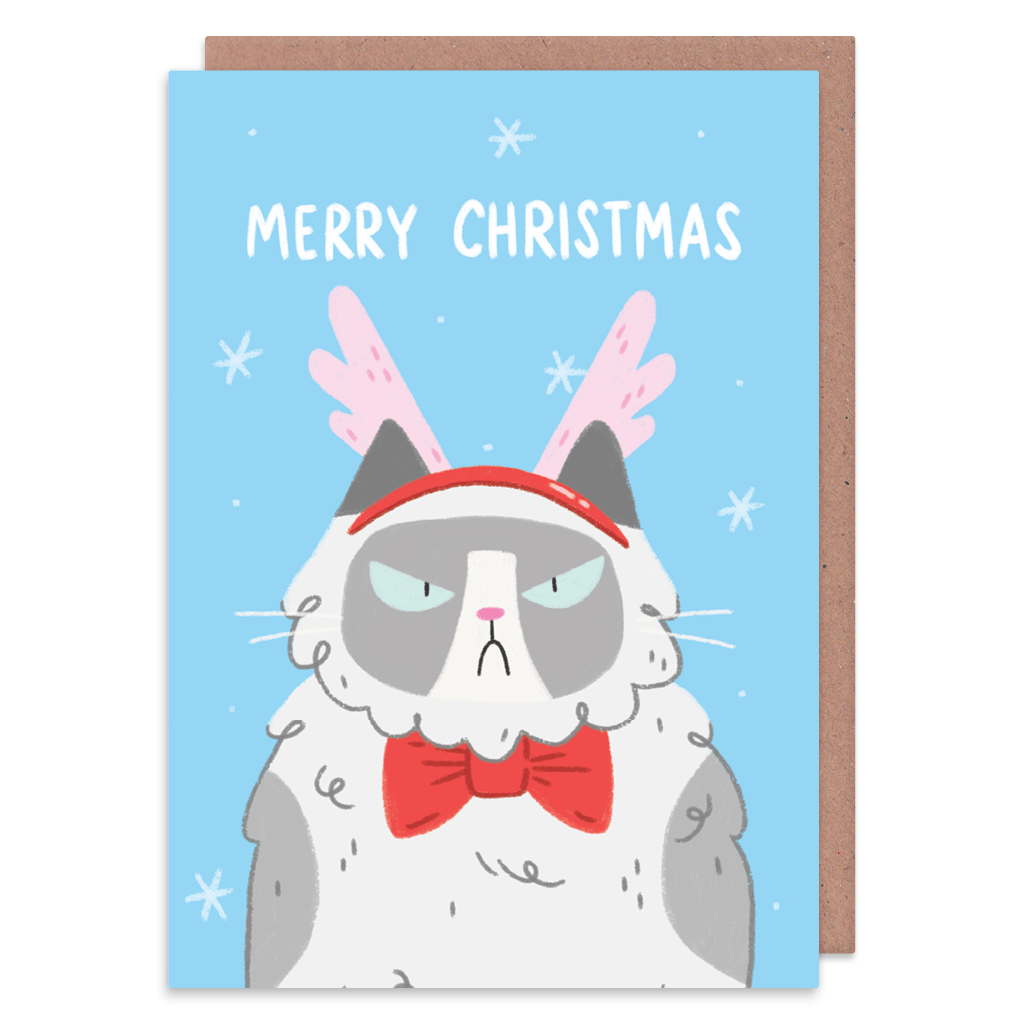 Grumpy Antlers Cat Christmas Card by Camille Medina - Whale and Bird