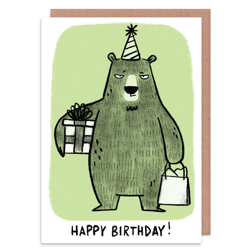 Grumpy Bear With Presents Birthday Card by Camille Medina - Whale and Bird