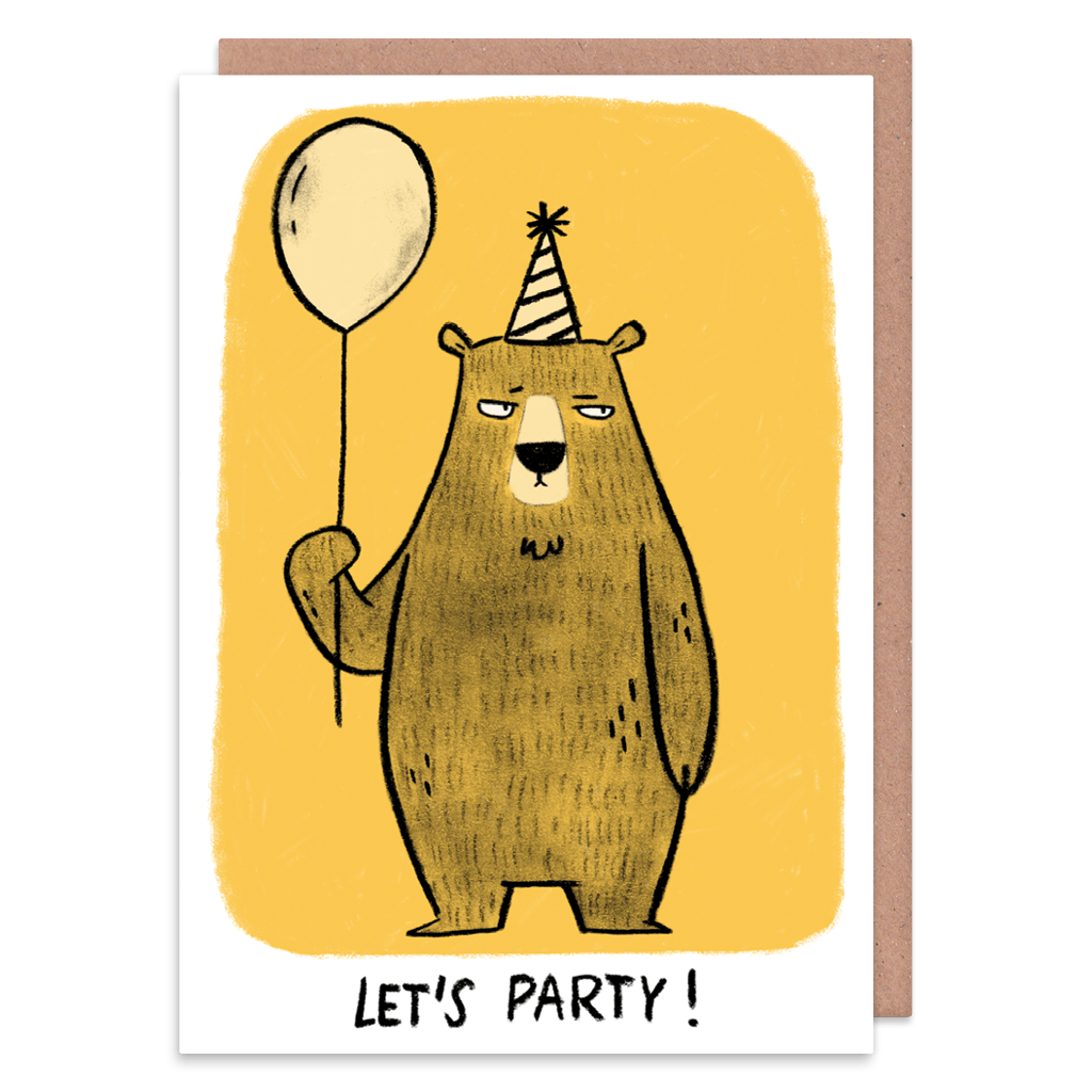 Let&#39;s Party Grumpy Bear Greeting Card by Camille Medina - Whale and Bird