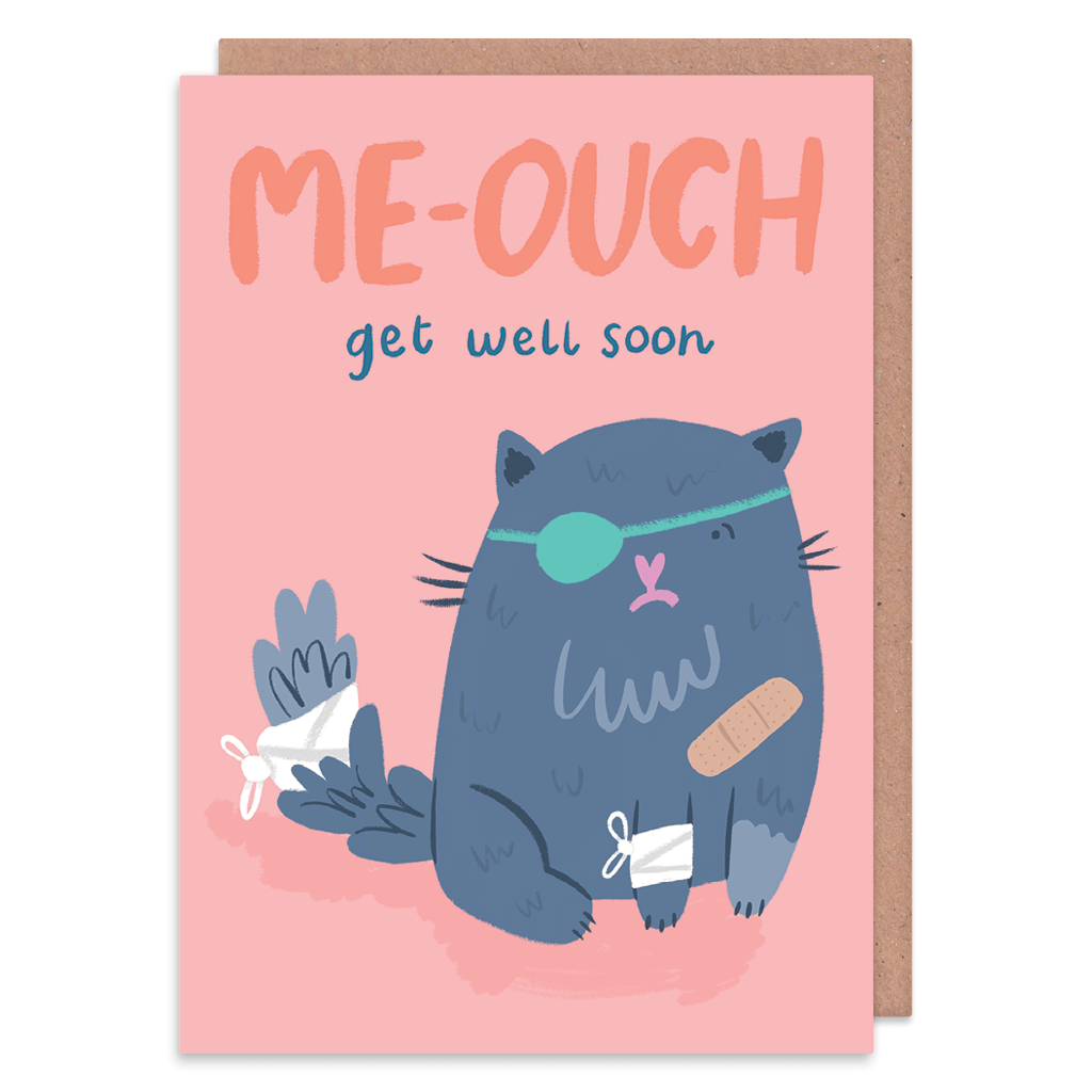 Me-ouch Cat Get Well Soon Card by Lisa Greener - Whale and Bird