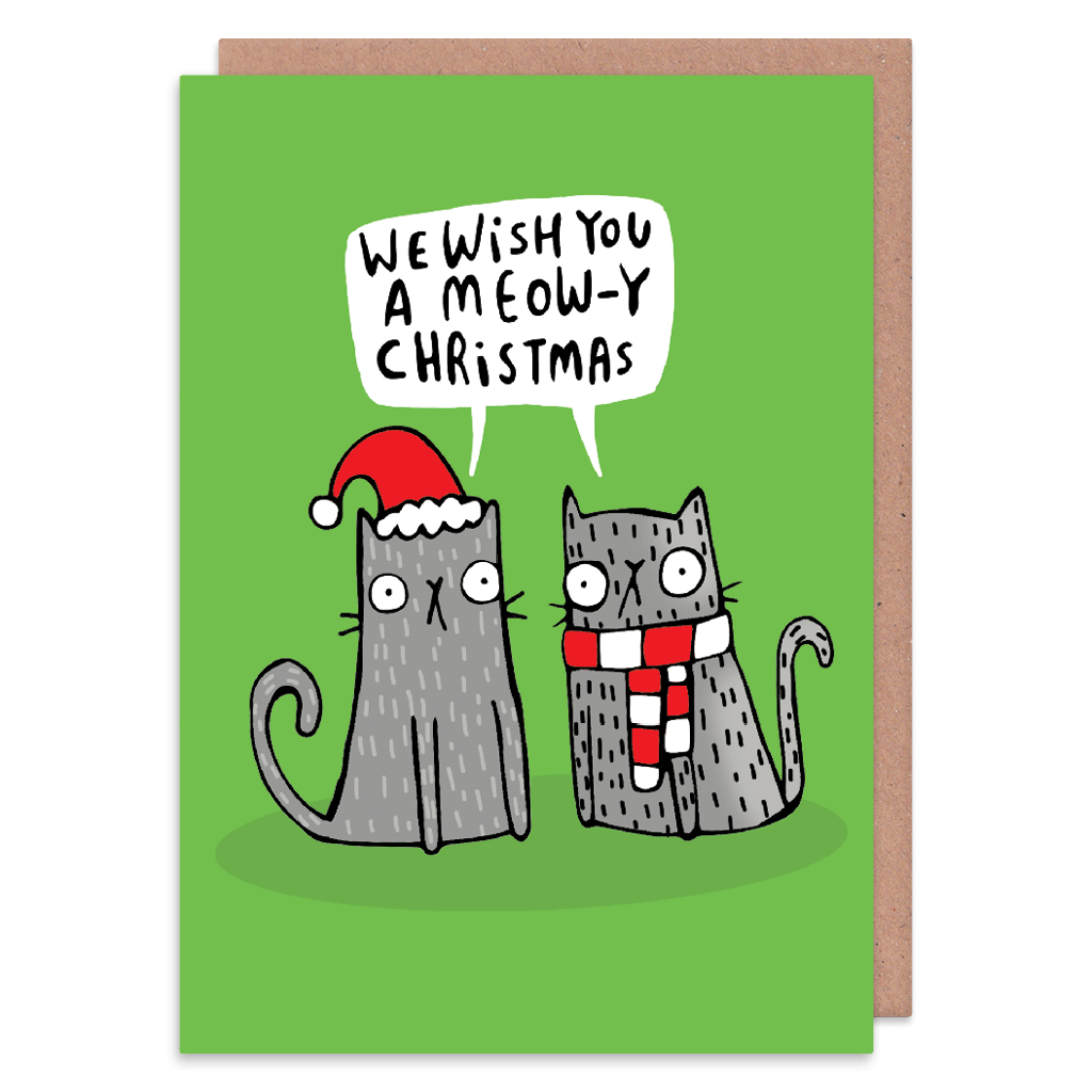 We Wish You A Meow-y Christmas Christmas Card by Katie Abey - Whale and Bird