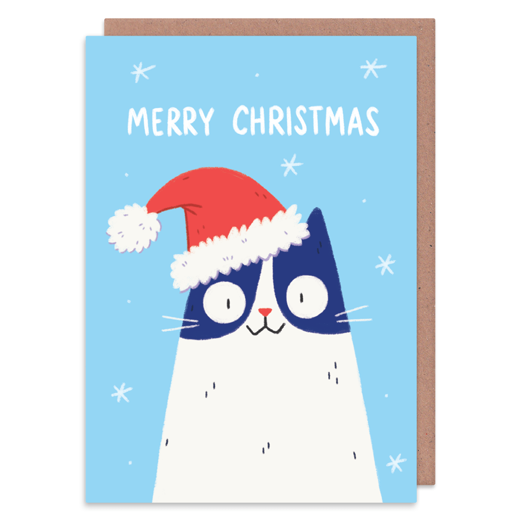 Santa Hat Cat Christmas Card by Camille Medina - Whale and Bird