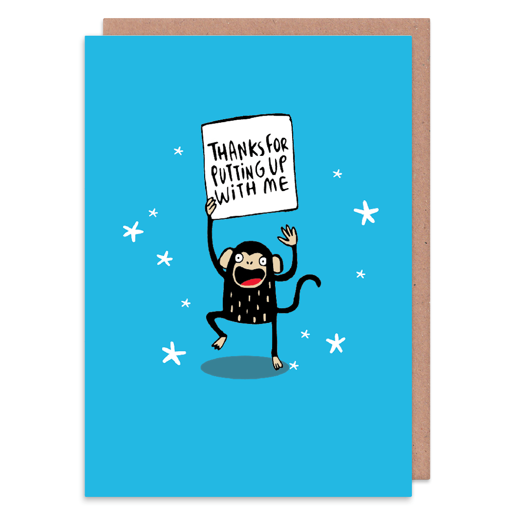 Thanks For Putting Up With Me Monkey Greeting Card by Katie Abey - Whale and Bird