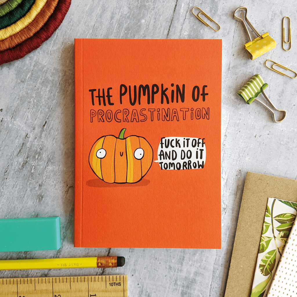 The Pumpkin Of Procrastination A6 Notebook by Katie Abey - Whale and Bird