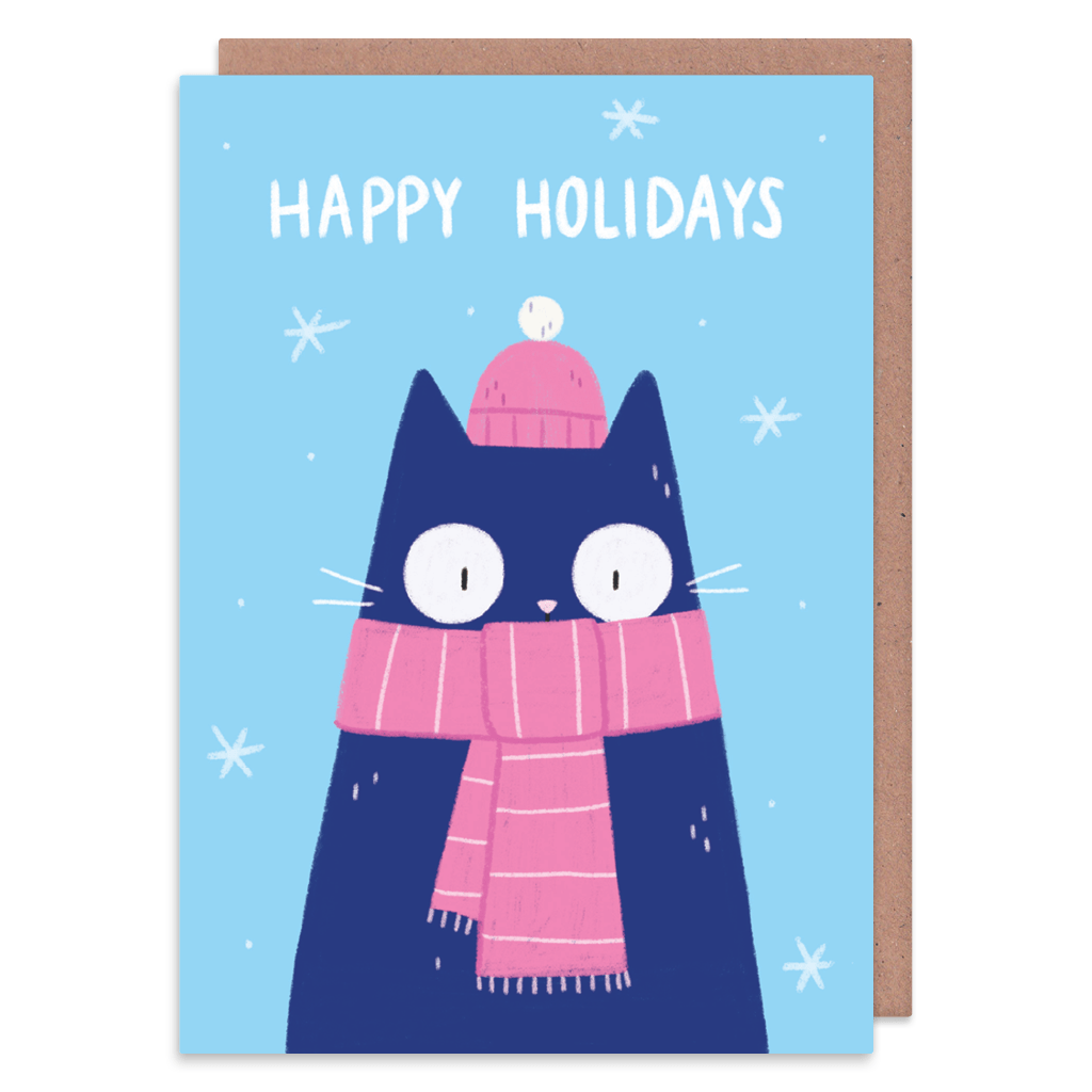 Warm Hat And Scarf Cat Christmas Card by Camille Medina - Whale and Bird
