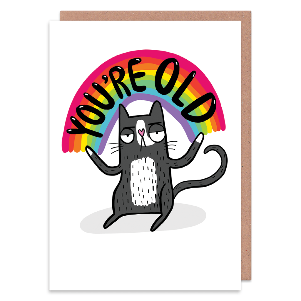 You're Old Rainbow Cat Birthday Card by Katie Abey - Whale and Bird